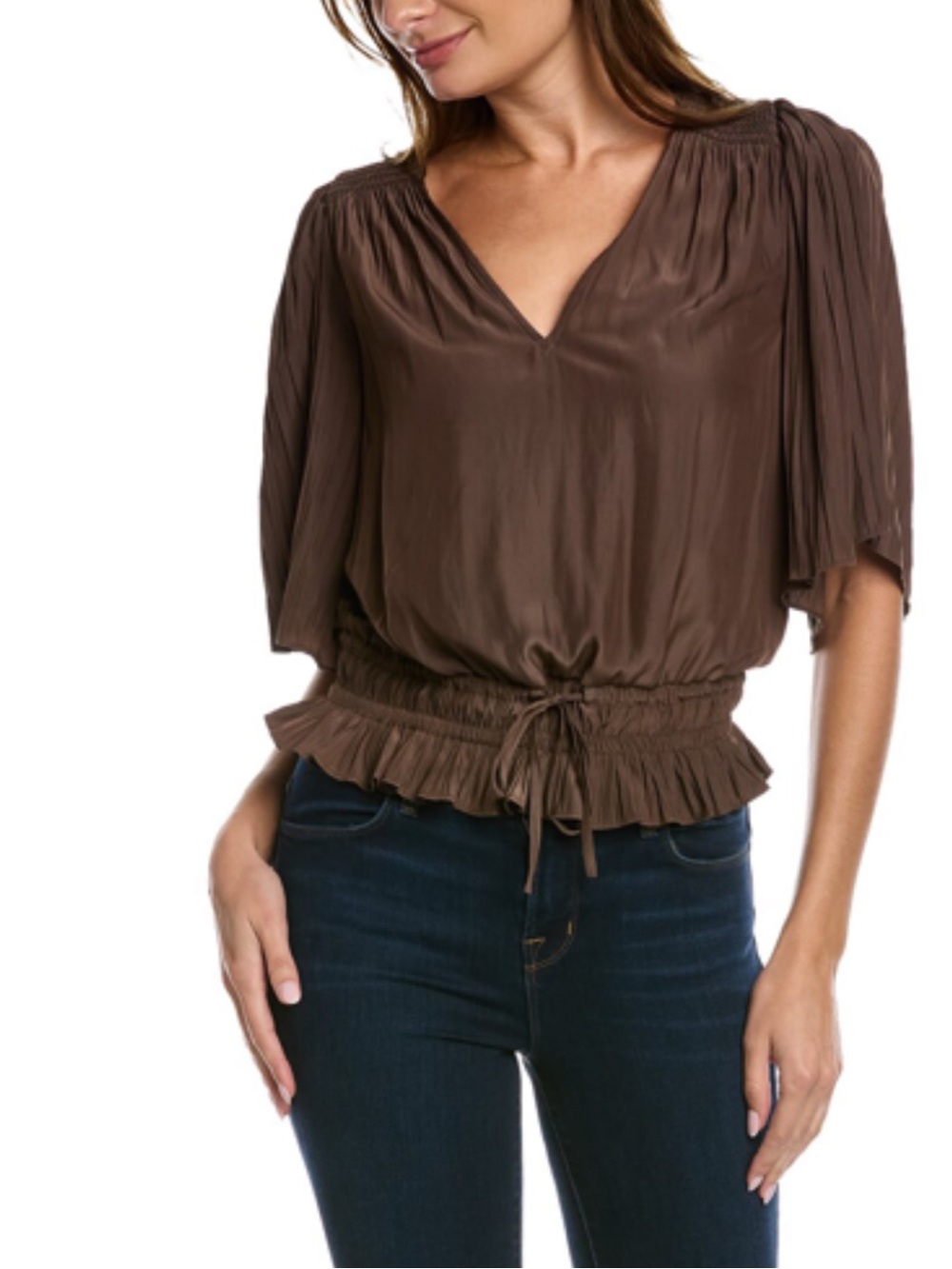 Ramy Brook Womens Brown V-Neck Drawstring Blouse